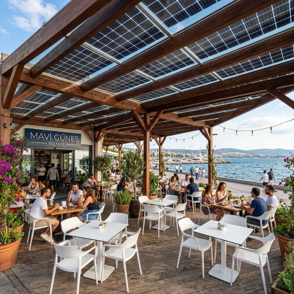 Tekirdağ sahilinde kafe terası için güneş enerjili gölgelik